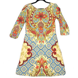 Joyous & Free Paisley Beaded 3/4 Sleeve Scoop Back Stretch Knit Shift Dress XS